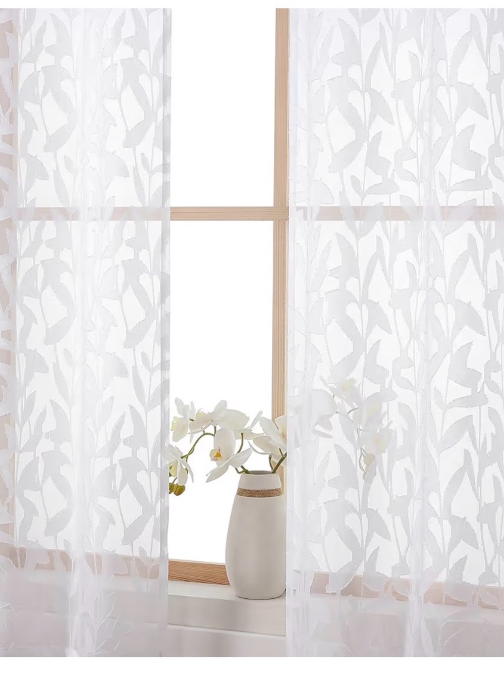 White Sheer Leaf Pattern Window Curtain Panels